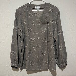Vintage Russ Blouse Woman 18 XL Crossover Buttons Gray Floral Boho Long Sleeve